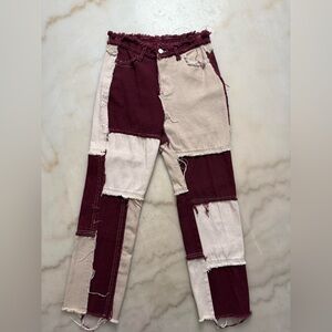 Burgundy Cream Patchwork Jeans with Distressed Finish